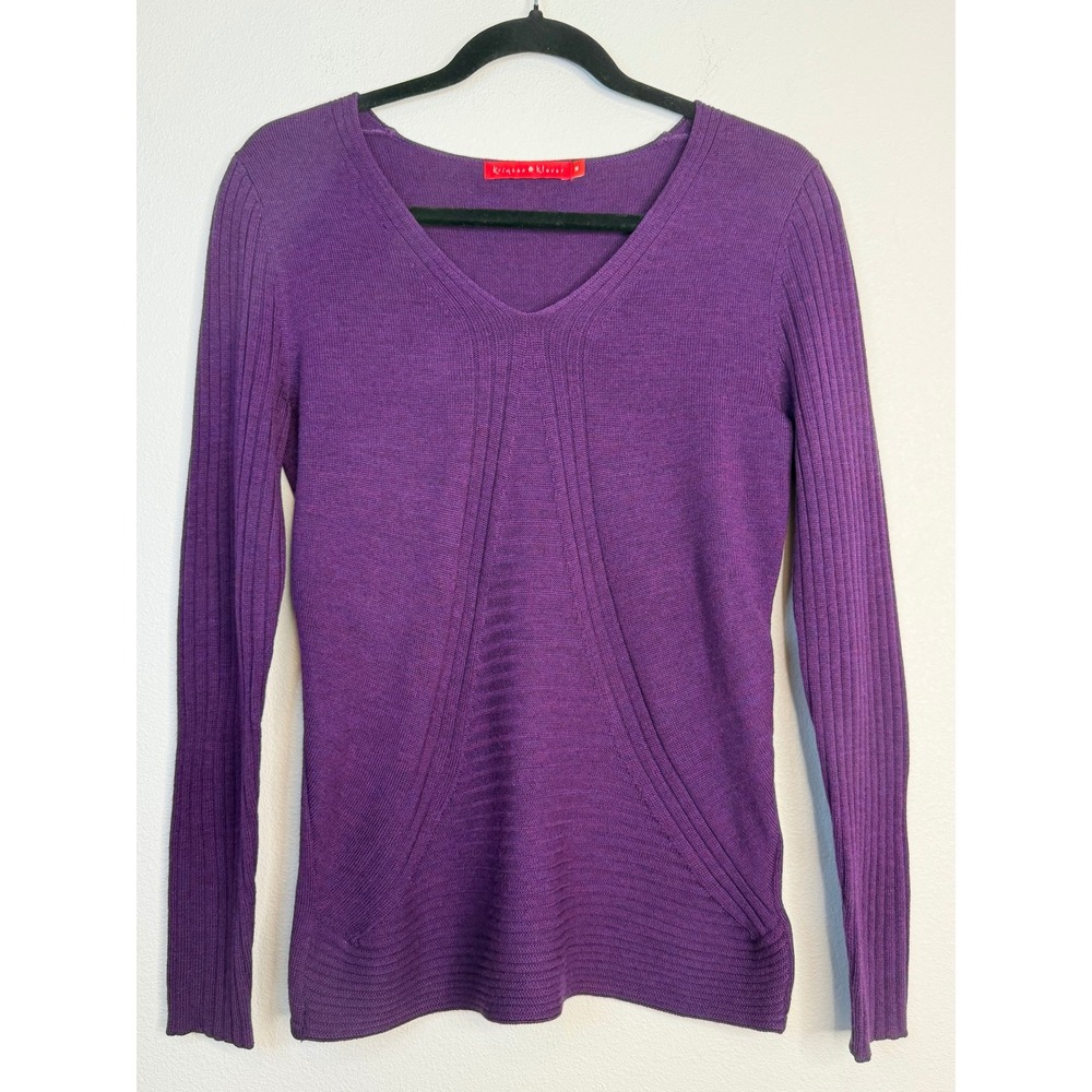 Krimson Klover Purple 100% Wool V-Neck Ribbed Sleeve Knit Sweater Women's Medium